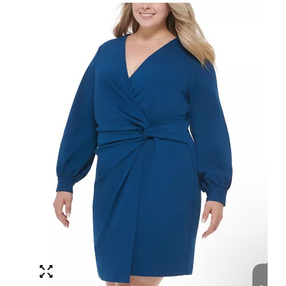 DKNY Women Plus Size 22W Blue Twist Front V Neck Long‎ Sleeve Dress NWT Party